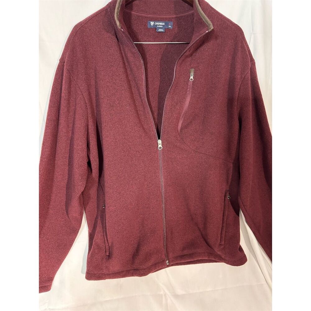 Cremieux Men's XL Burgundy Fleece Zip-Up Jacket Leather Elbows Casual